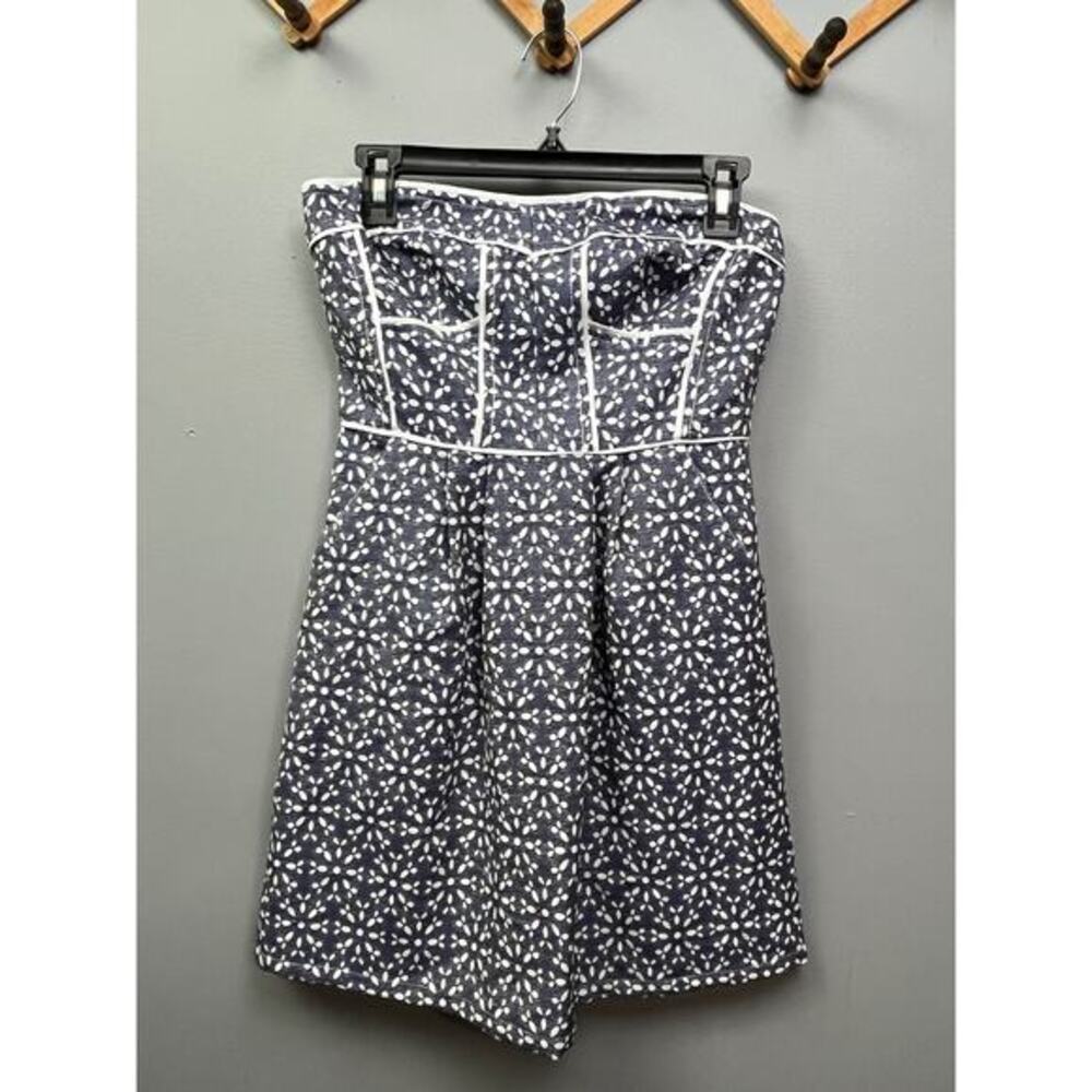 Under Skies‎ blue/white strapless dress Pockets Floral Womens size Small NEW